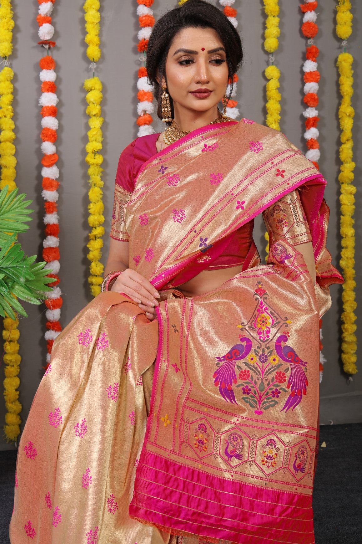 Designer Golden Pink Pure Silk Paithani Saree With Meena Work Weaving