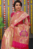 Designer Golden Pink Pure Silk Paithani Saree With Meena Work Weaving