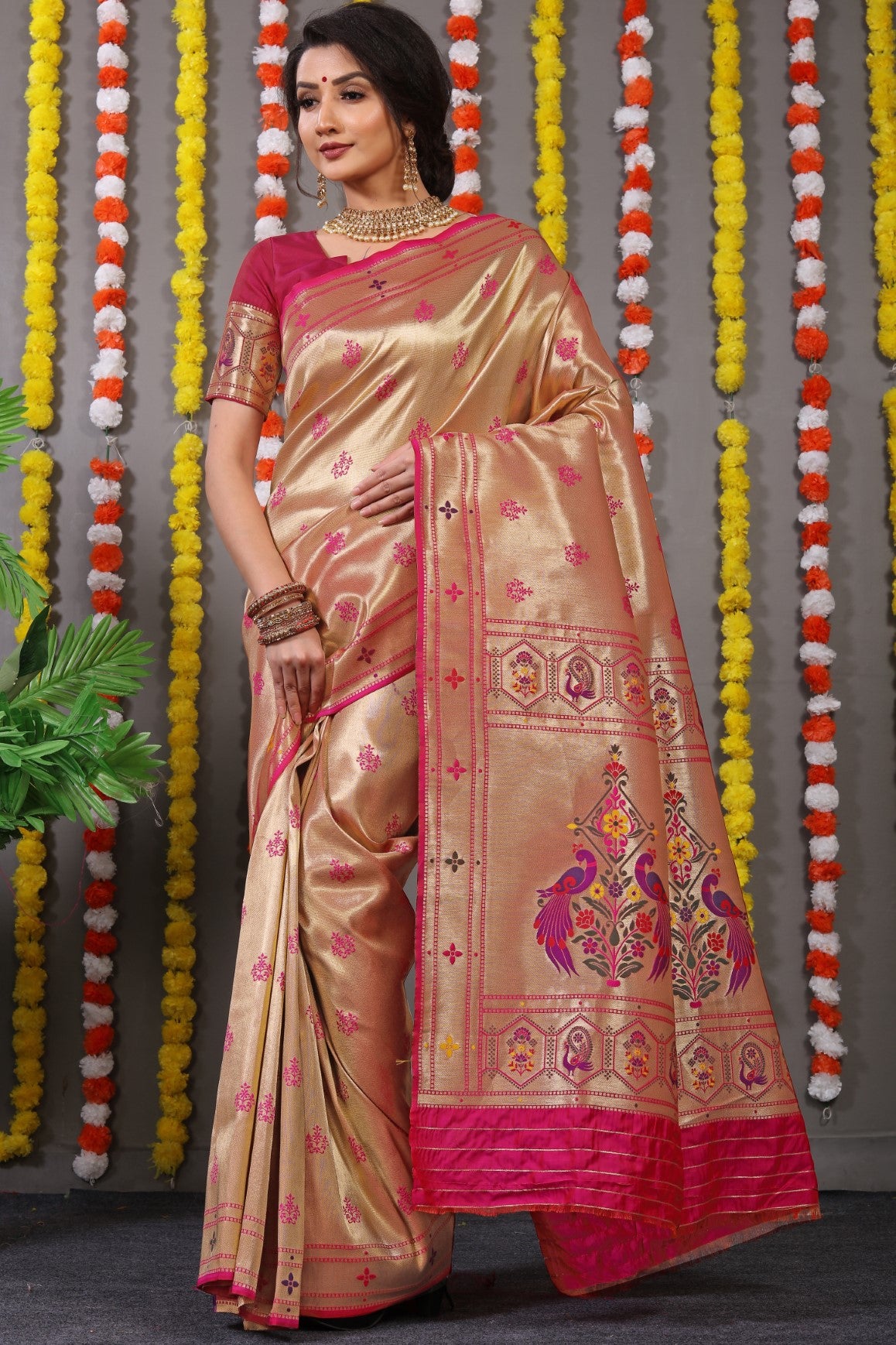 Designer Golden Pink Pure Silk Paithani Saree With Meena Work Weaving