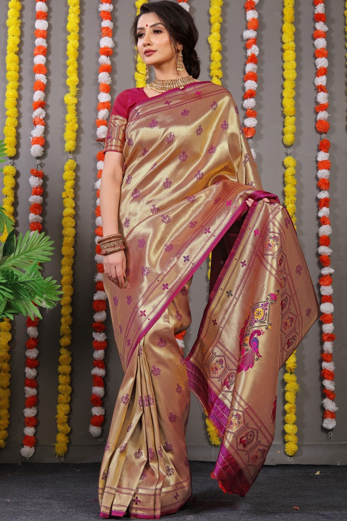 Designer Golden Purple Pure Silk Paithani Saree With Meena Work Weaving