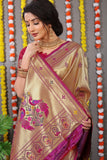 Designer Golden Purple Pure Silk Paithani Saree With Meena Work Weaving