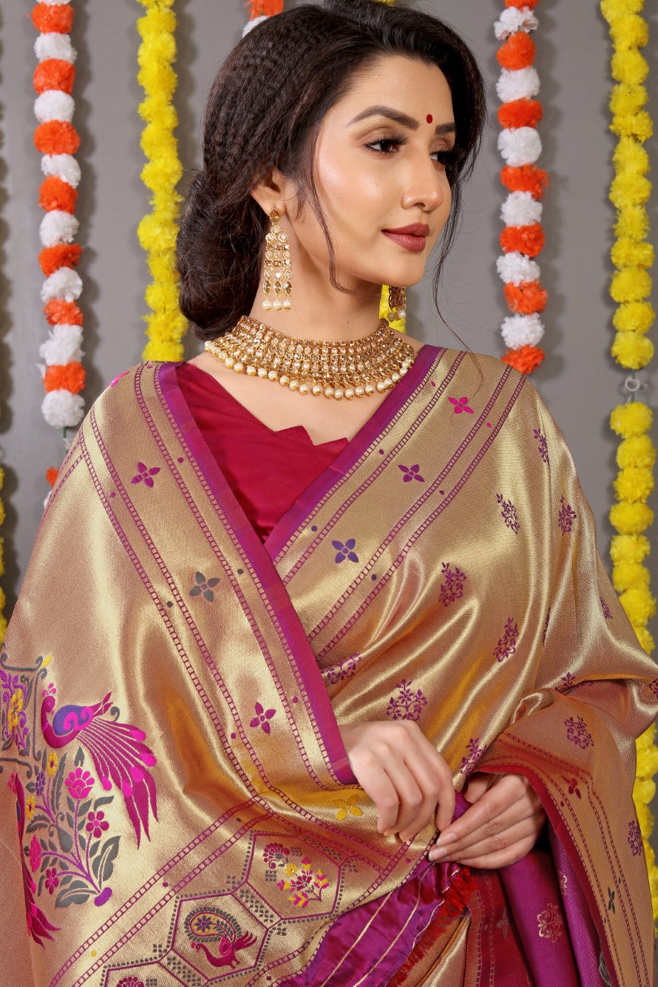 Designer Golden Purple Pure Silk Paithani Saree With Meena Work Weaving