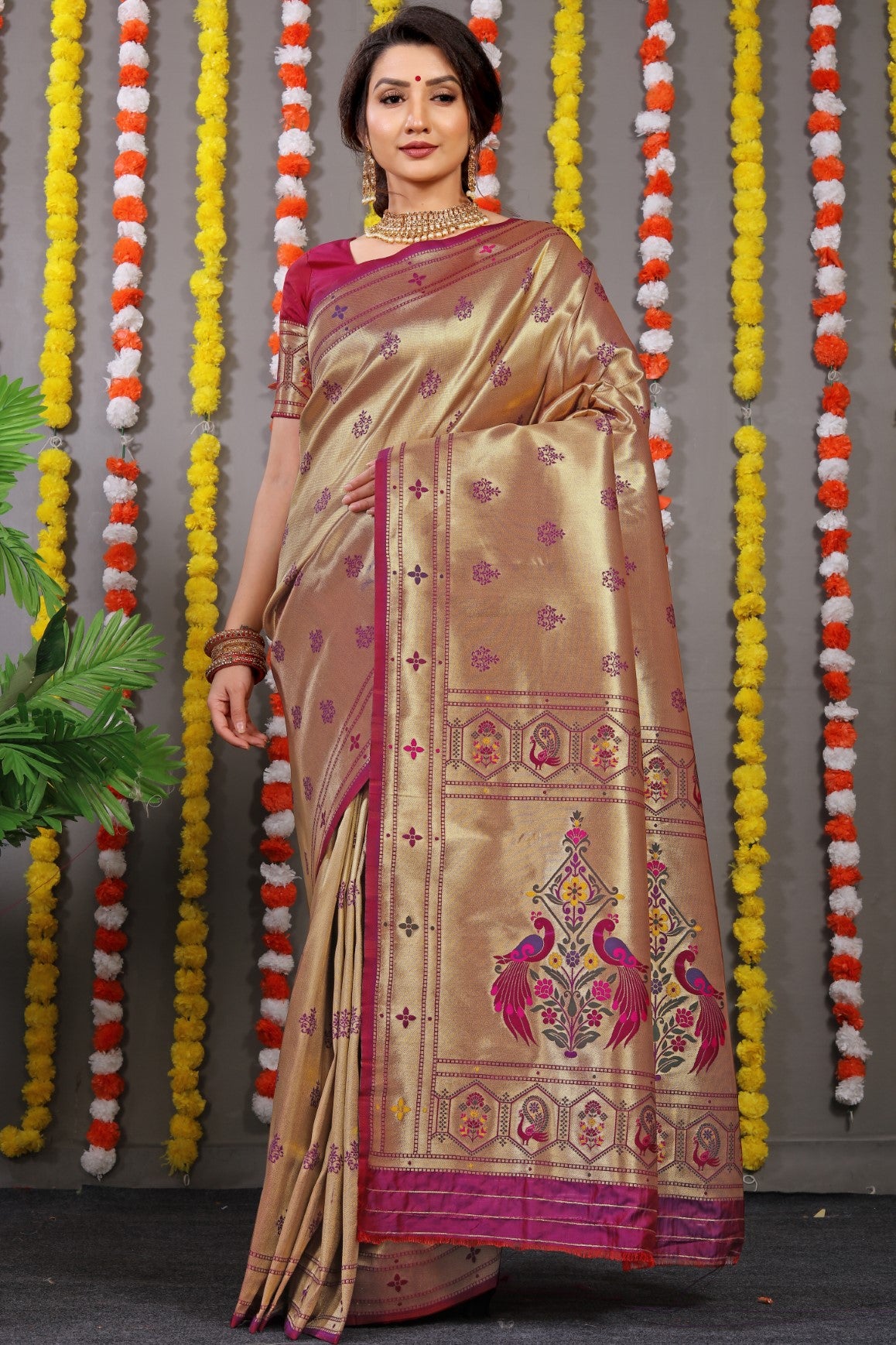 Designer Golden Purple Pure Silk Paithani Saree With Meena Work Weaving