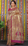 Designer Golden Purple Pure Silk Paithani Saree With Meena Work Weaving