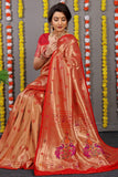 Designer Golden Red Pure Silk Paithani Saree With Meena Work Weaving