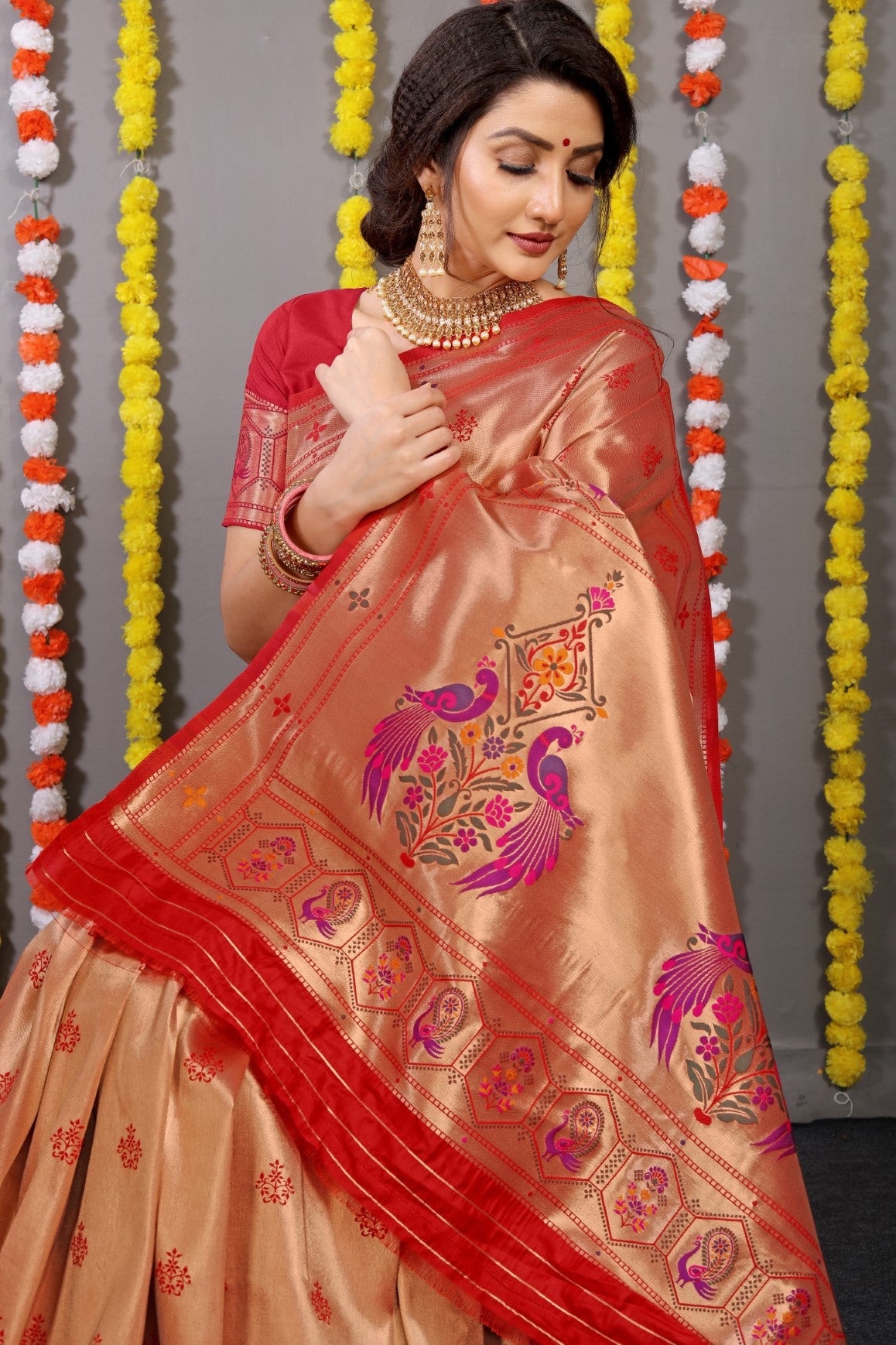 Designer Golden Red Pure Silk Paithani Saree With Meena Work Weaving