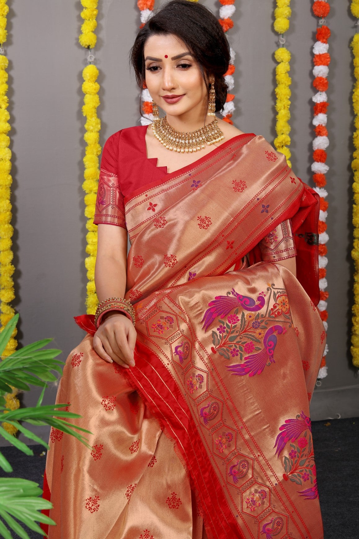 Designer Golden Red Pure Silk Paithani Saree With Meena Work Weaving