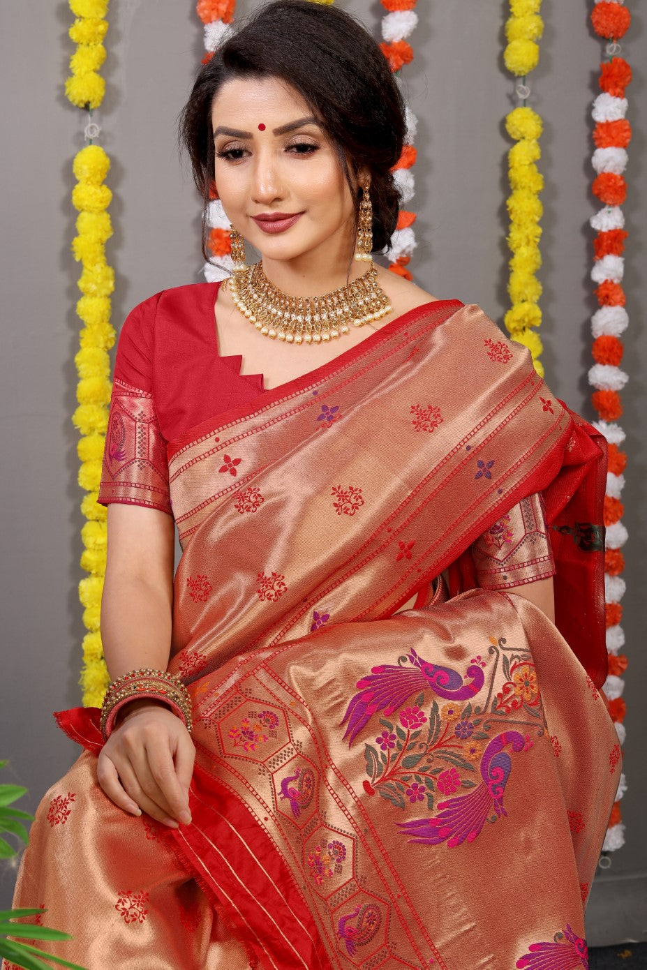 Designer Golden Red Pure Silk Paithani Saree With Meena Work Weaving