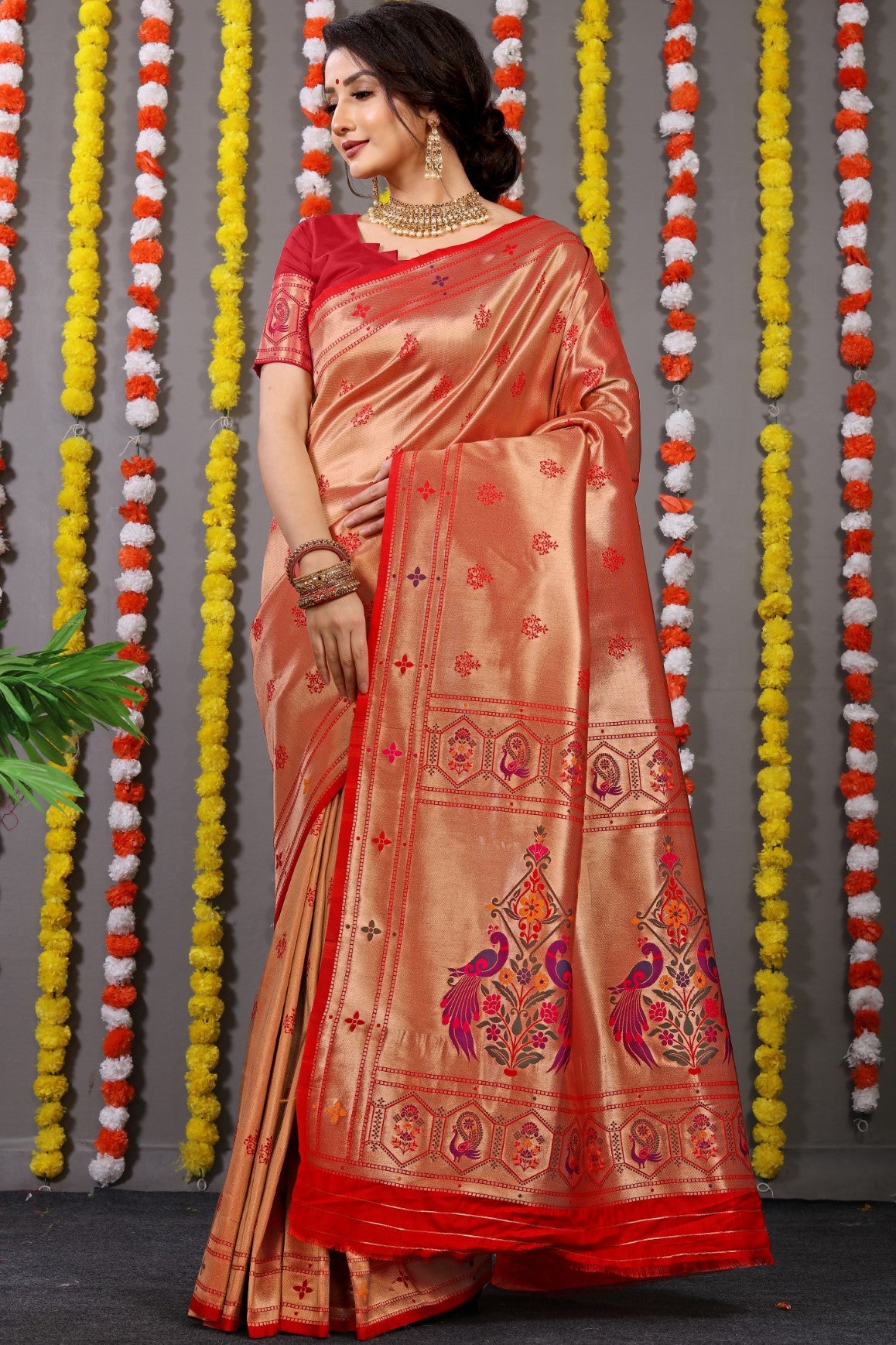 Designer Golden Red Pure Silk Paithani Saree With Meena Work Weaving