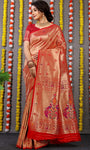 Designer Golden Red Pure Silk Paithani Saree With Meena Work Weaving