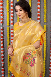 Designer Golden Yellow Pure Silk Paithani Saree With Meena Work Weaving