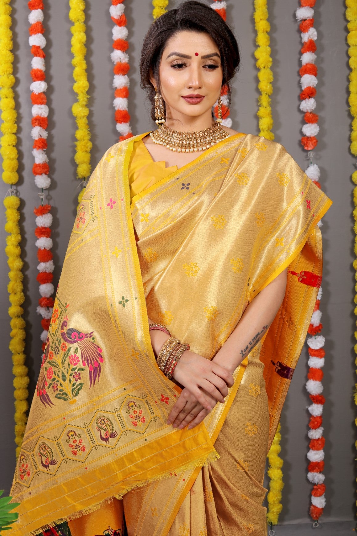 Designer Golden Yellow Pure Silk Paithani Saree With Meena Work Weaving