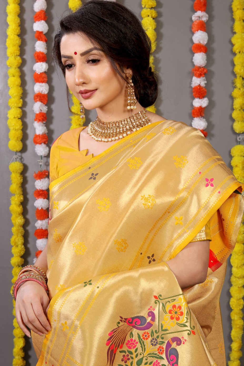 Designer Golden Yellow Pure Silk Paithani Saree With Meena Work Weaving