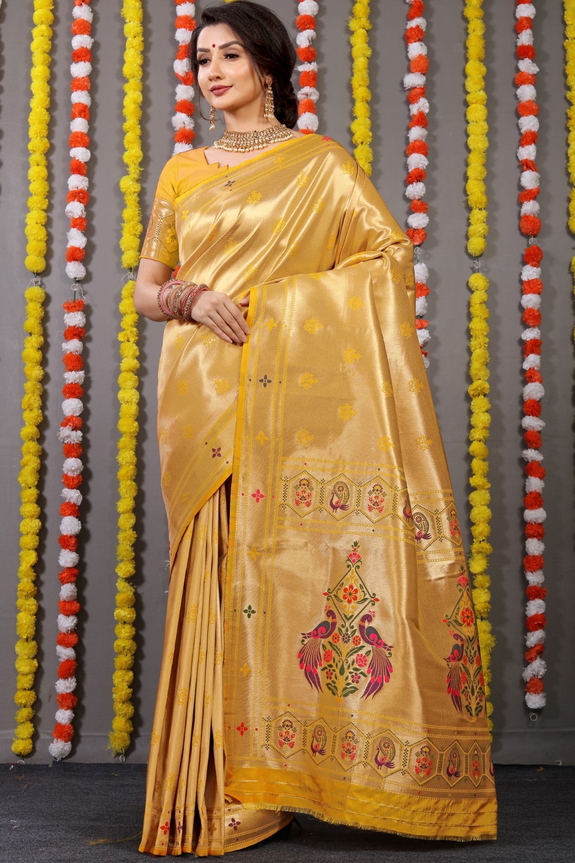 Designer Golden Yellow Pure Silk Paithani Saree With Meena Work Weaving