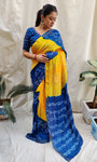 Blue And Yellow Pure Silk Original Bandhani Saree