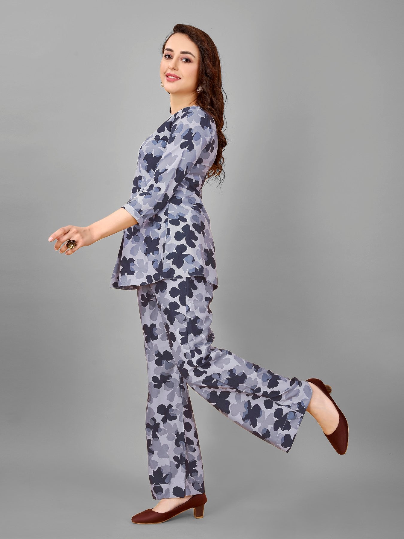 Blue Floral Print Top And Plazzo Set