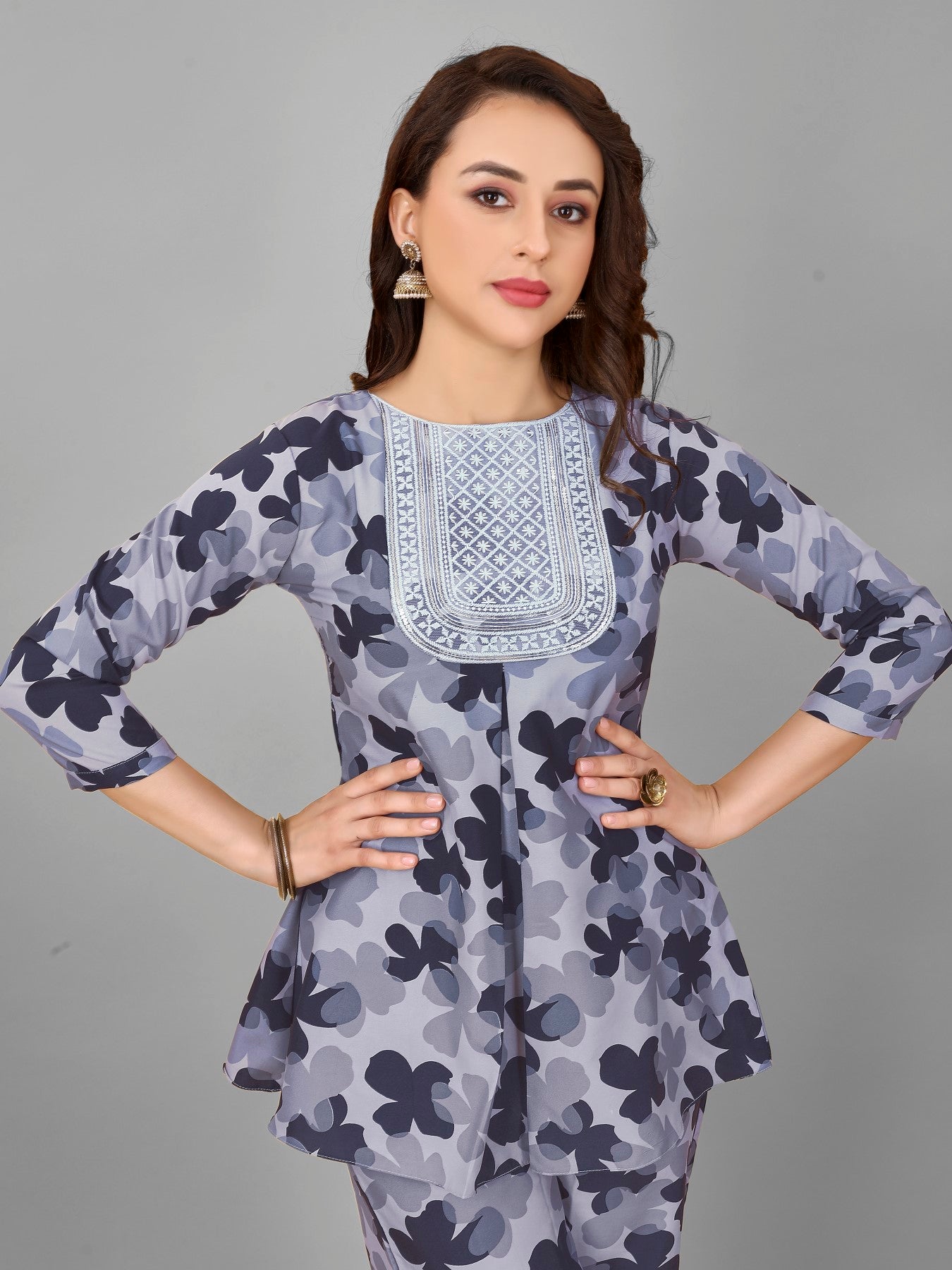 Blue Floral Print Top And Plazzo Set