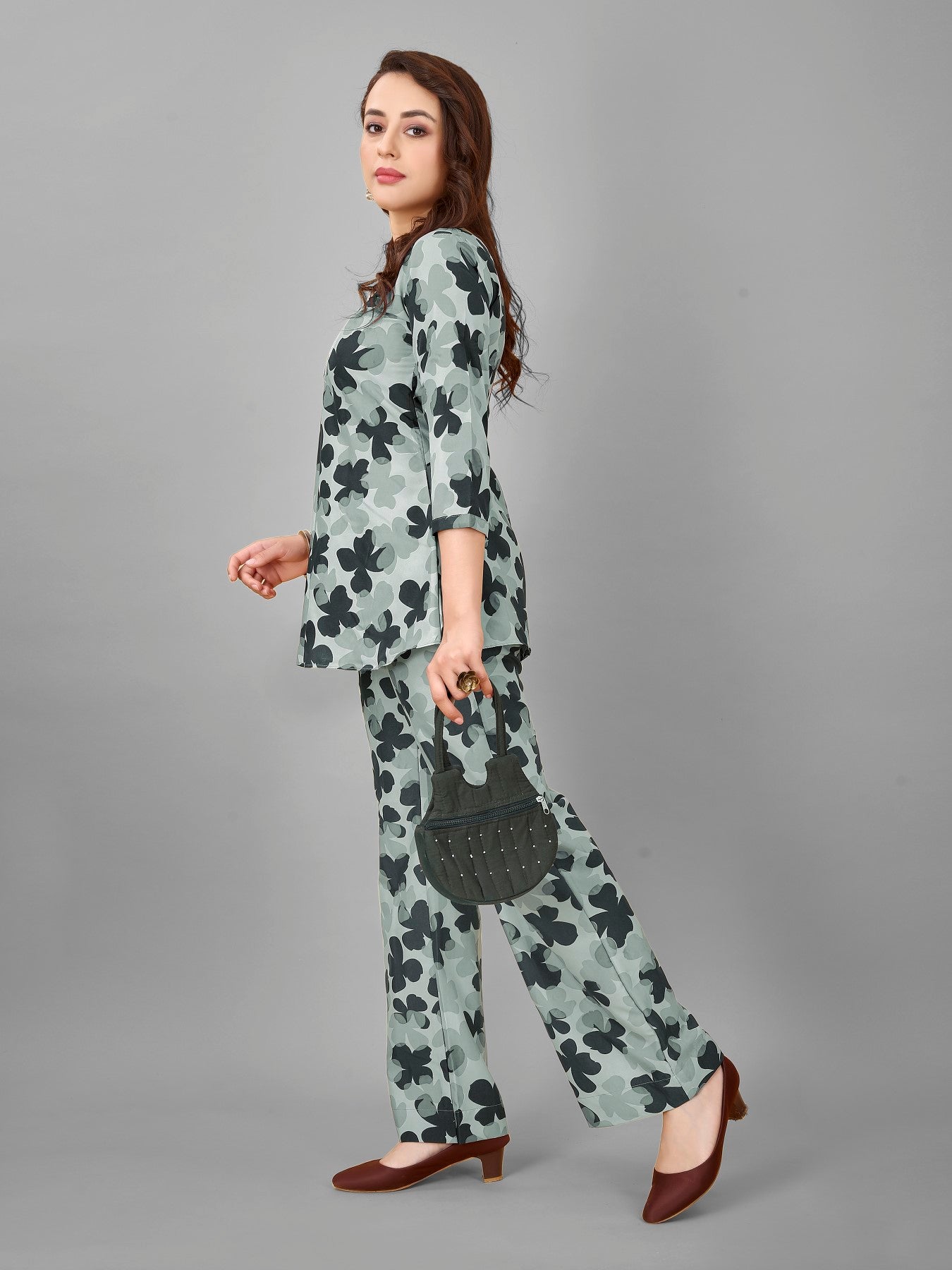 Green Floral Print Top And Plazzo Set