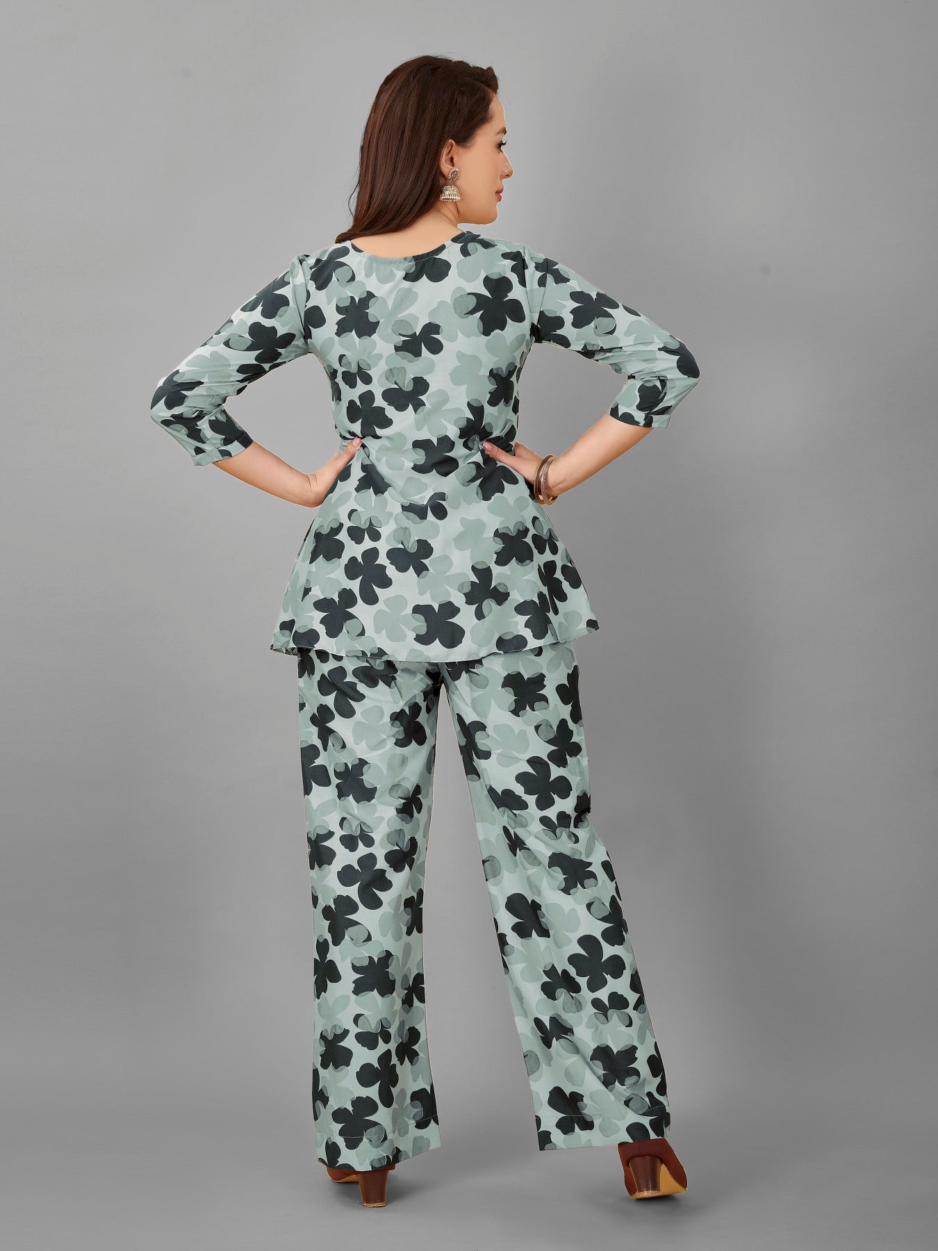 Green Floral Print Top And Plazzo Set