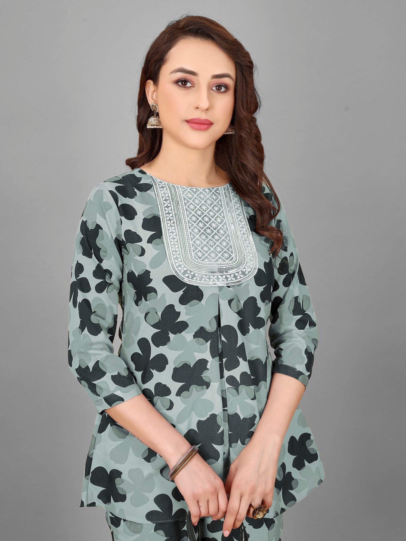 Green Floral Print Top And Plazzo Set