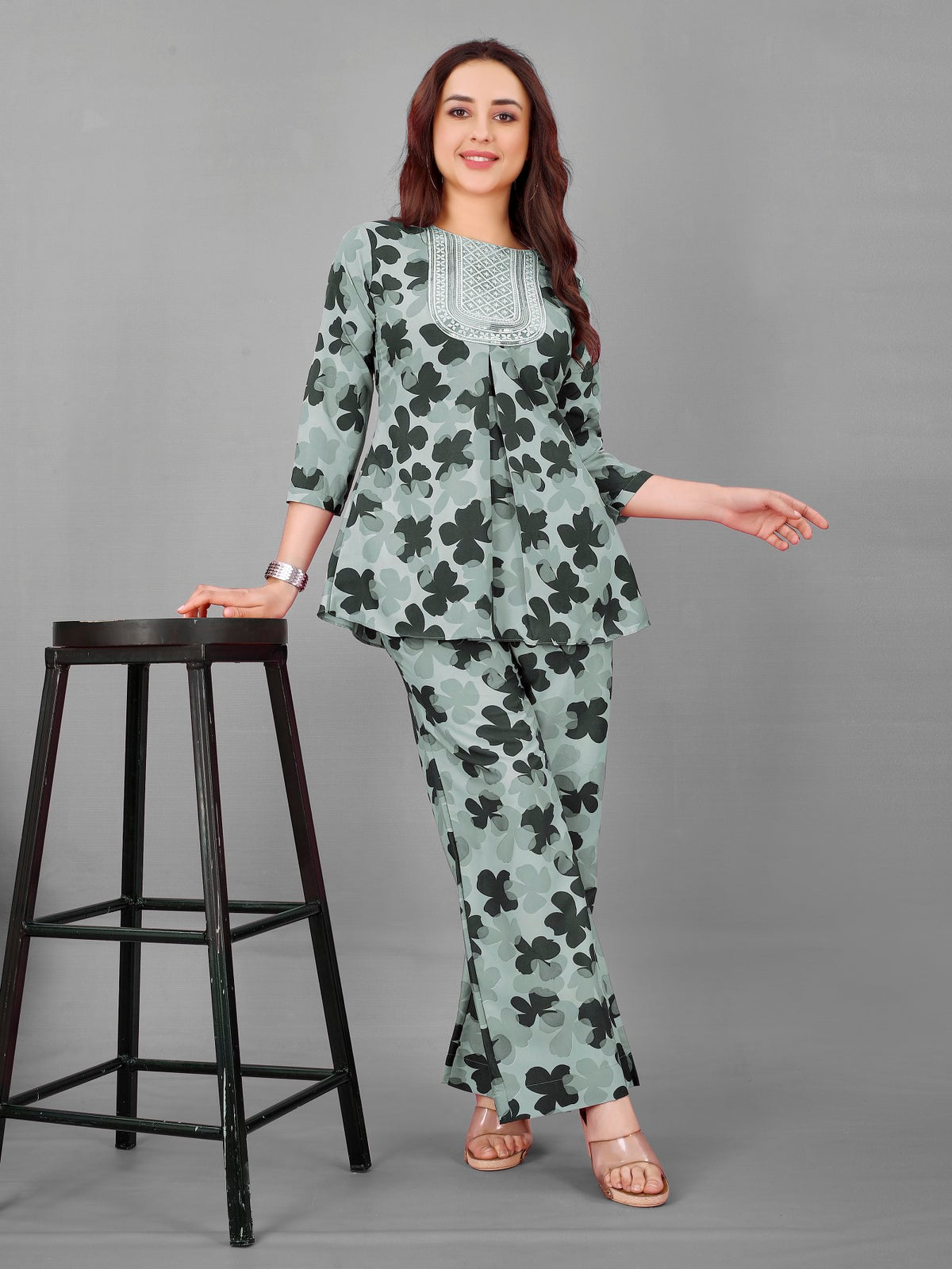 Green Floral Print Top And Plazzo Set