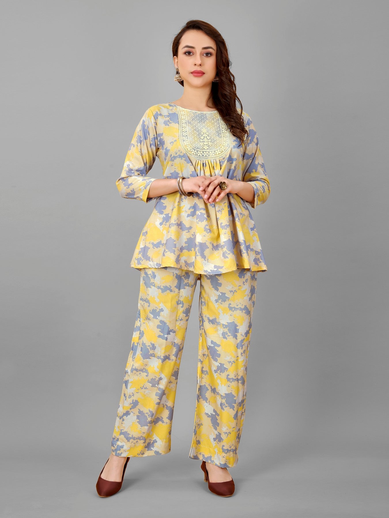 Yellow Floral Print Top And Plazzo Set