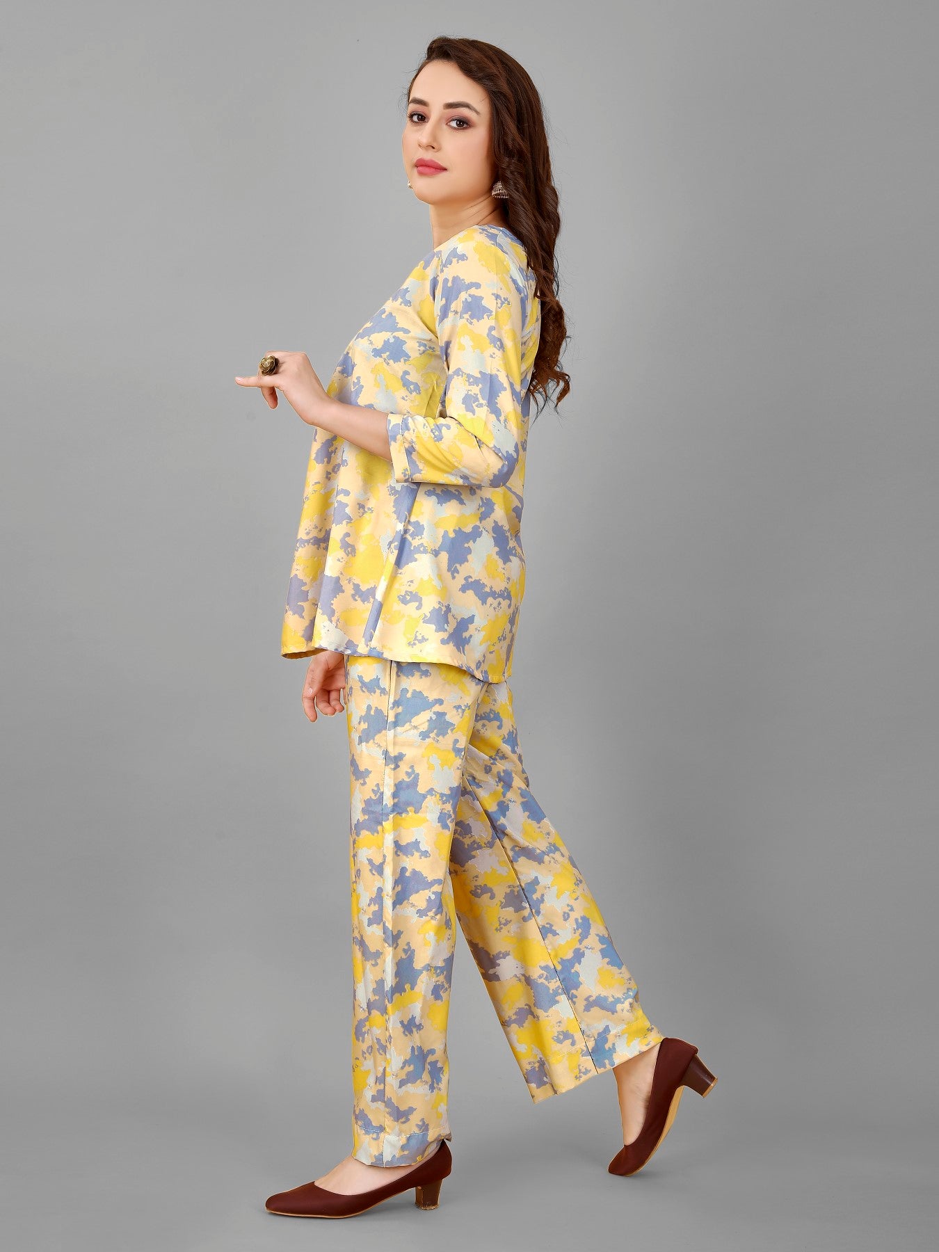 Yellow Floral Print Top And Plazzo Set