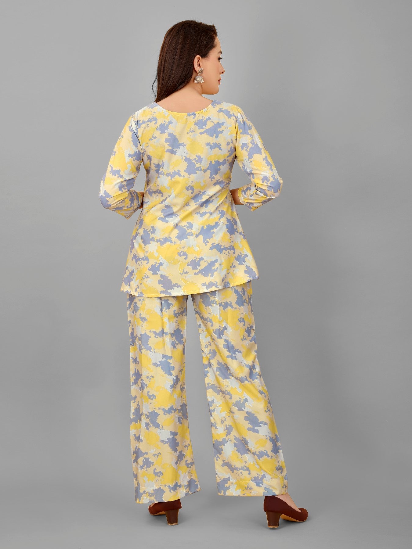 Yellow Floral Print Top And Plazzo Set