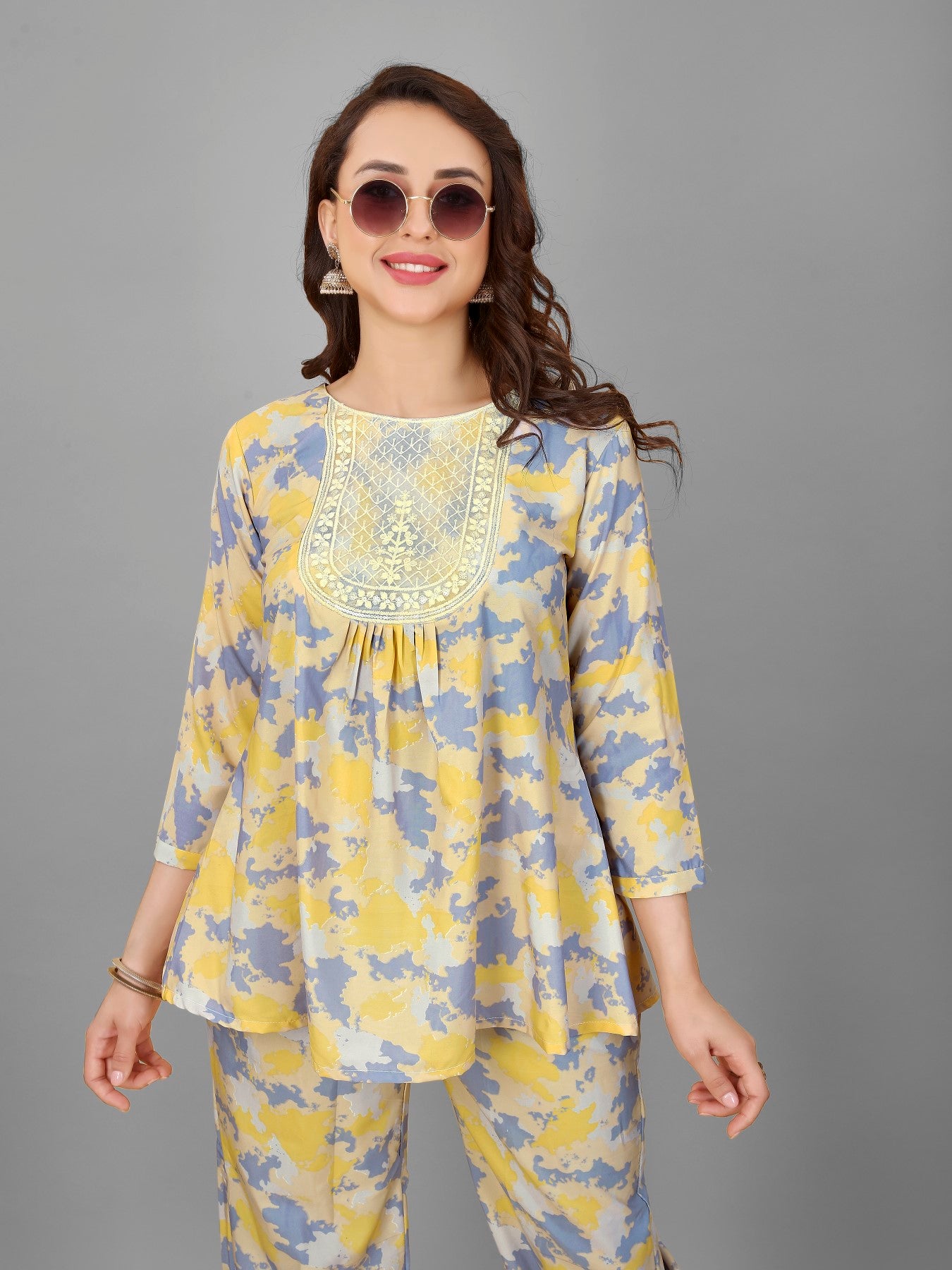 Yellow Floral Print Top And Plazzo Set