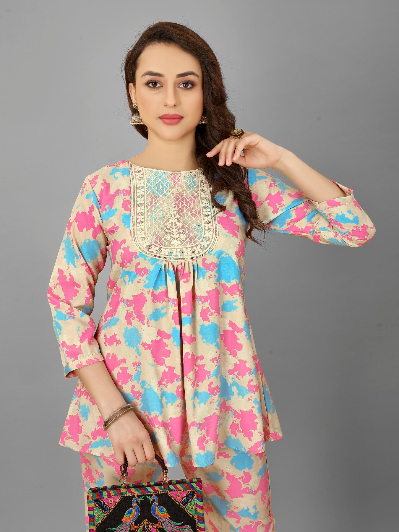 Pink Floral Print Top And Plazzo Set