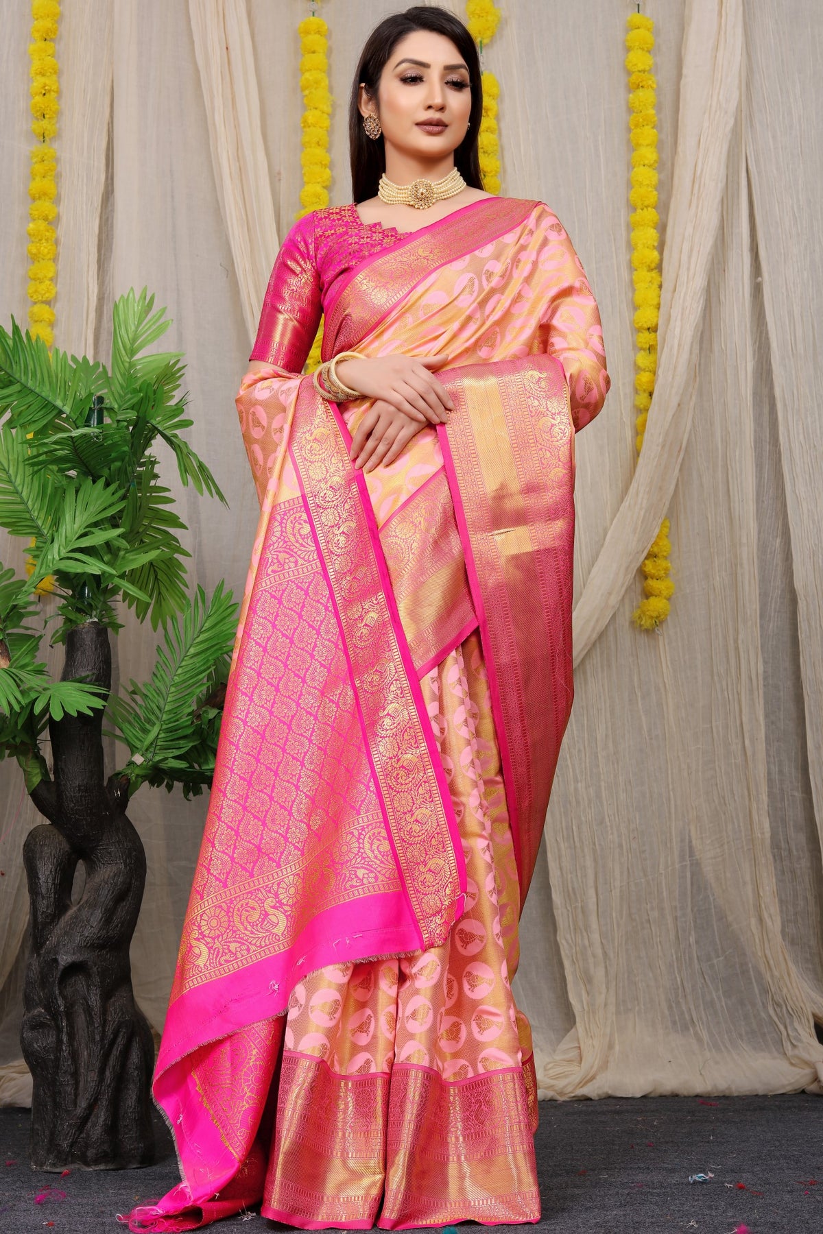 Peach Pure Silk Kanjivaram Saree With Zari Weaving