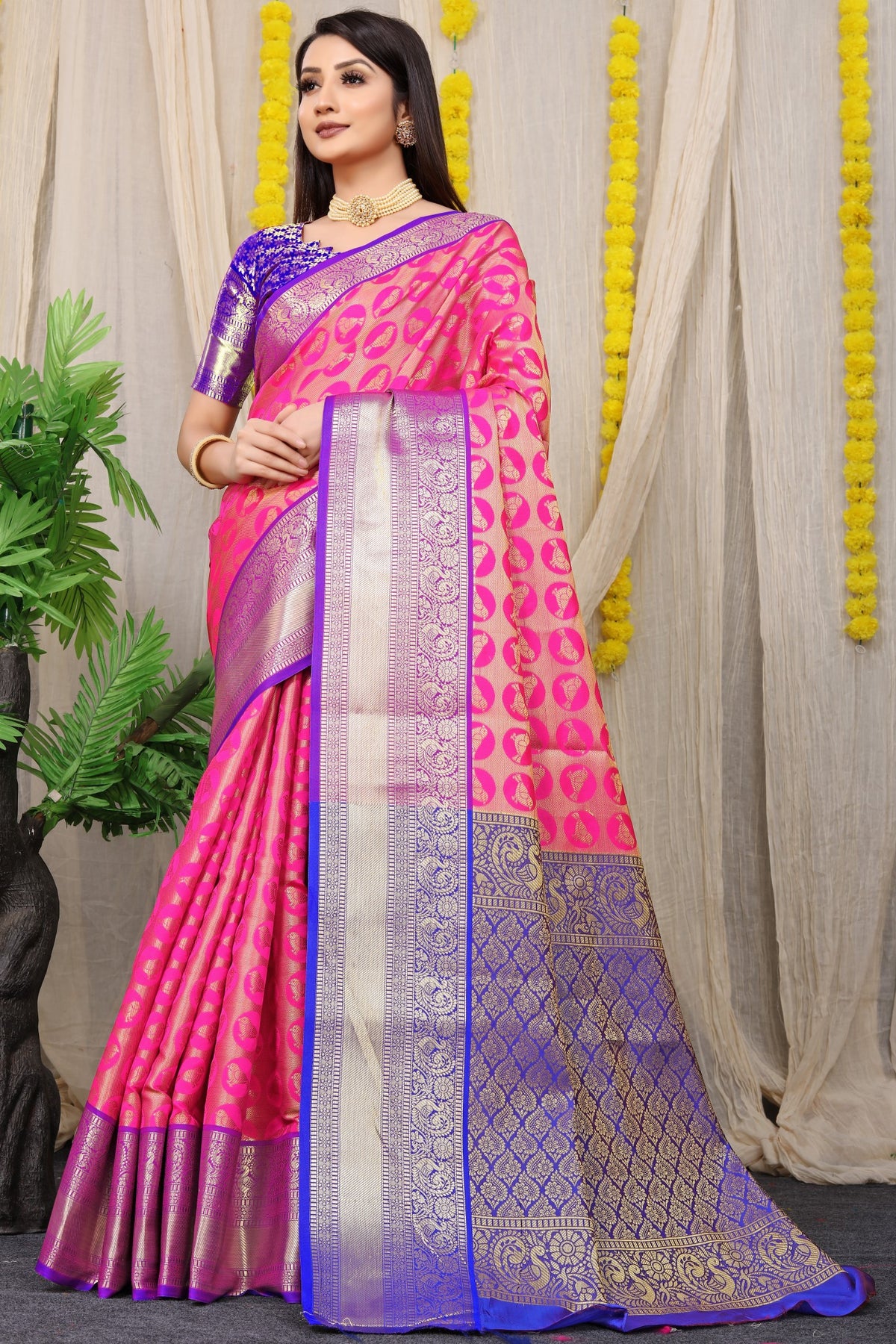 Pink Pure Silk Kanjivaram Saree With Zari Weaving