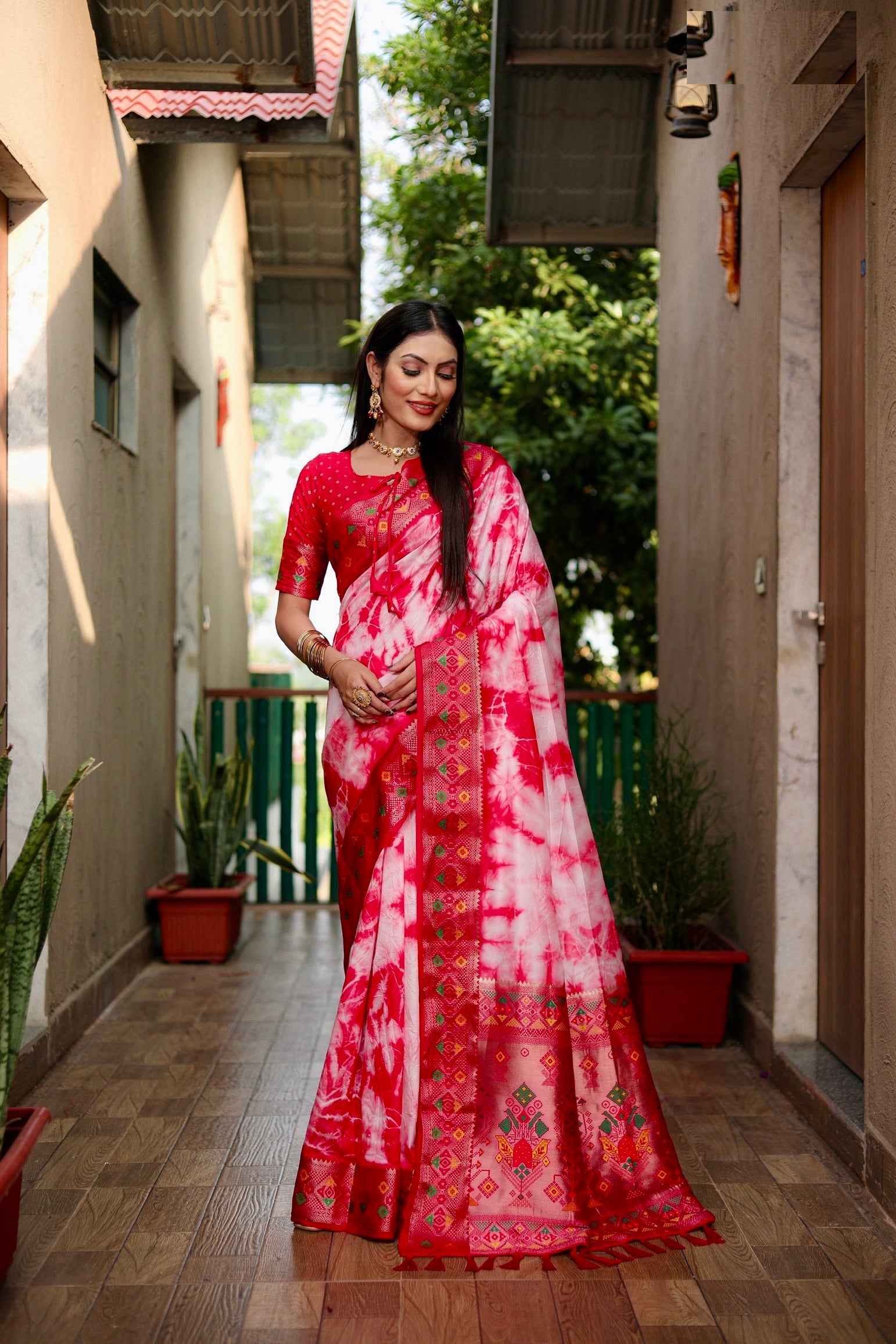 Red Beautiful Soft Silk Sibory Print With Gold Zari &  Minakari Weaving