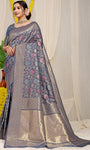 Grey Pure Silk Paithani Saree With Gold Jari Weaving