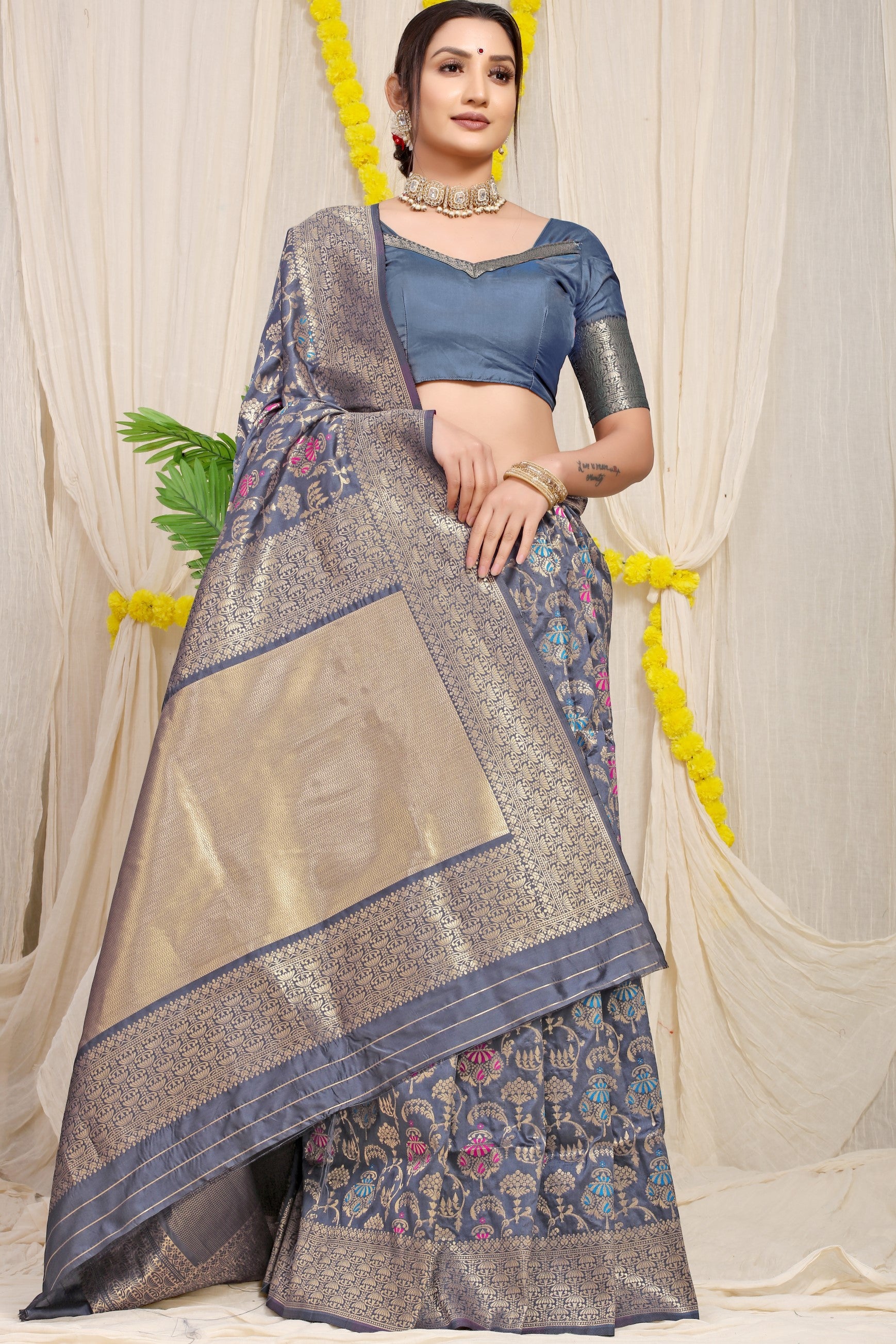 Grey Pure Silk Paithani Saree With Gold Jari Weaving