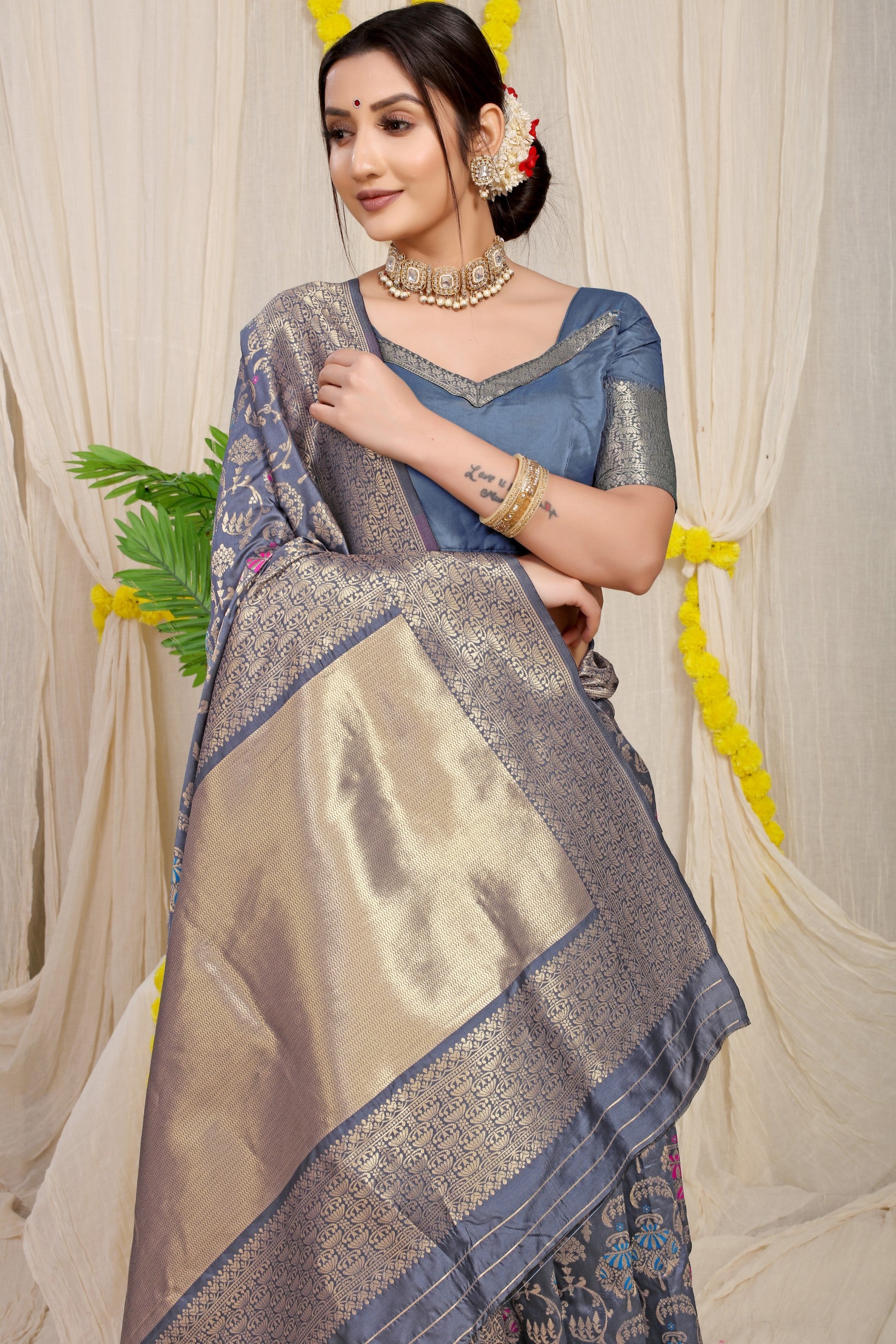 Grey Pure Silk Paithani Saree With Gold Jari Weaving