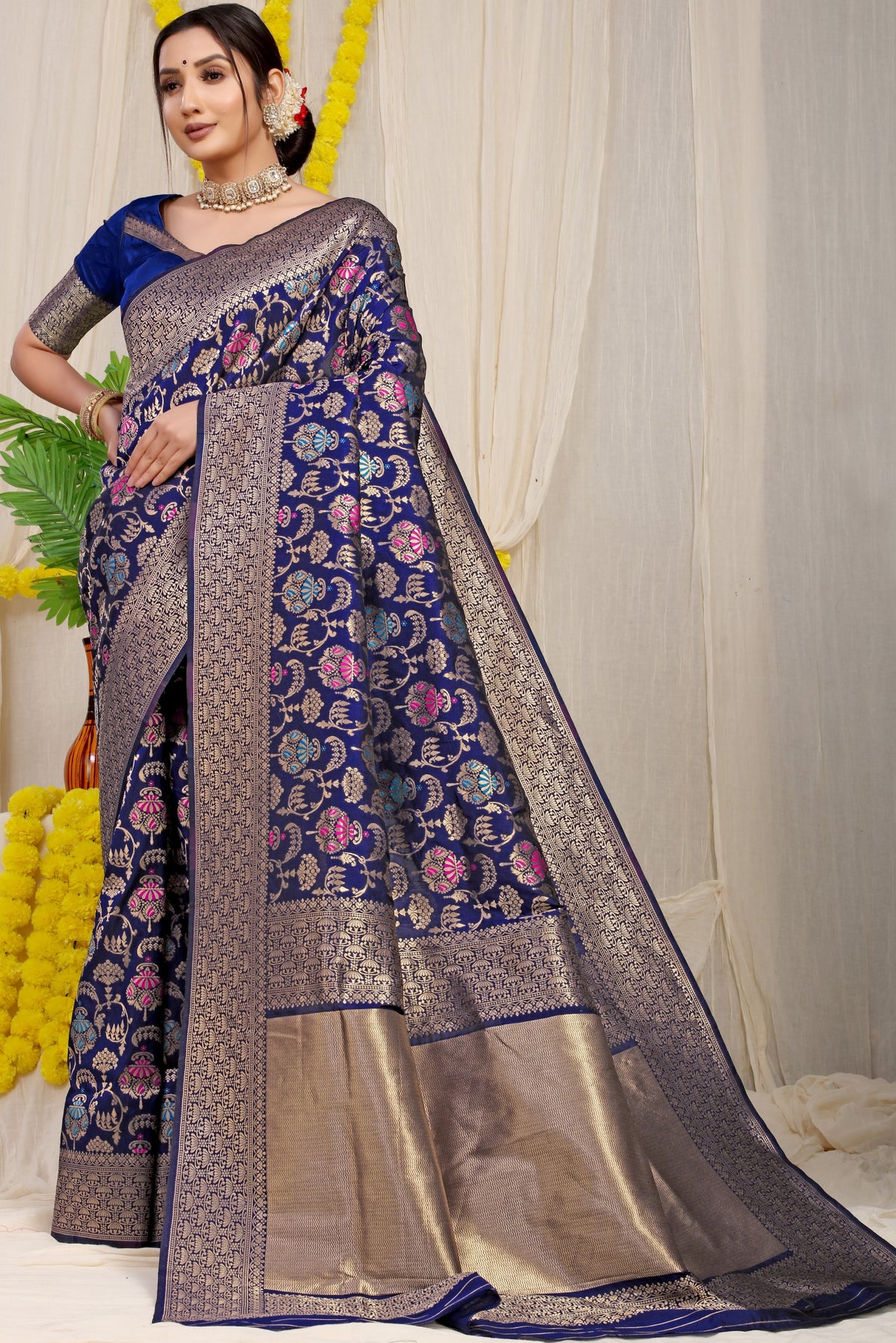 Navy Pure Silk Paithani Saree With Gold Jari Weaving