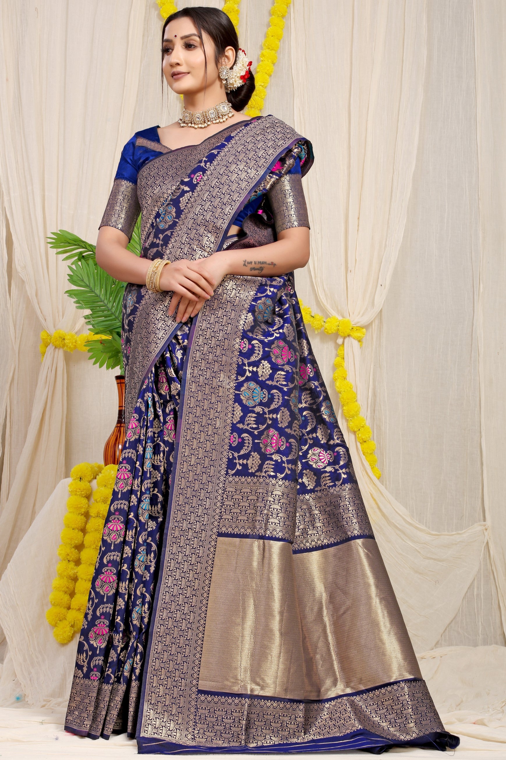 Navy Pure Silk Paithani Saree With Gold Jari Weaving