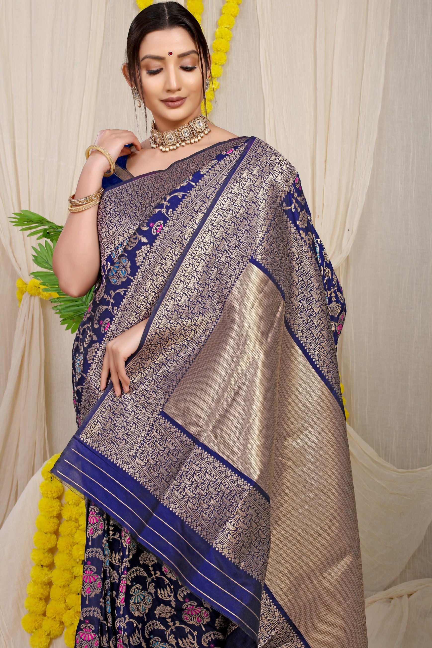 Navy Pure Silk Paithani Saree With Gold Jari Weaving