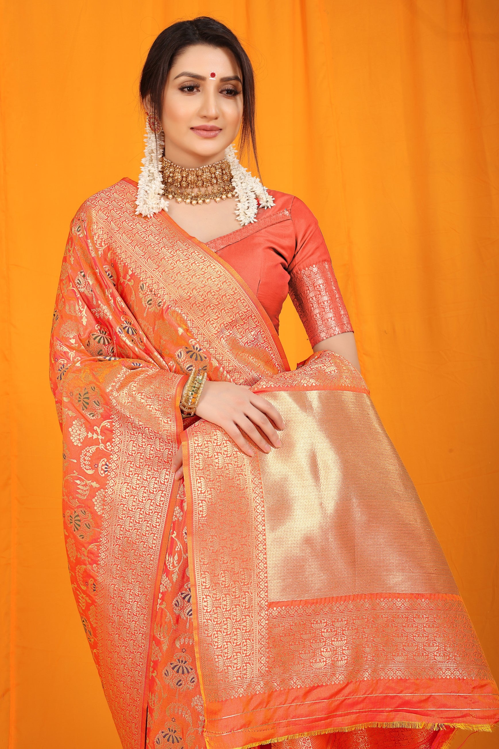 Orange Pure Silk Paithani Saree With Gold Jari Weaving