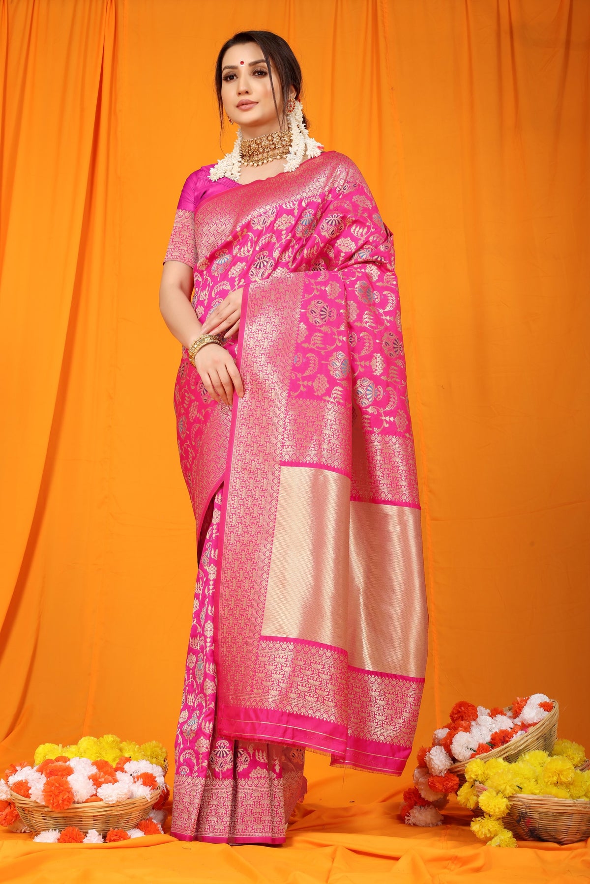 Pink Pure Silk Paithani Saree With Gold Jari Weaving