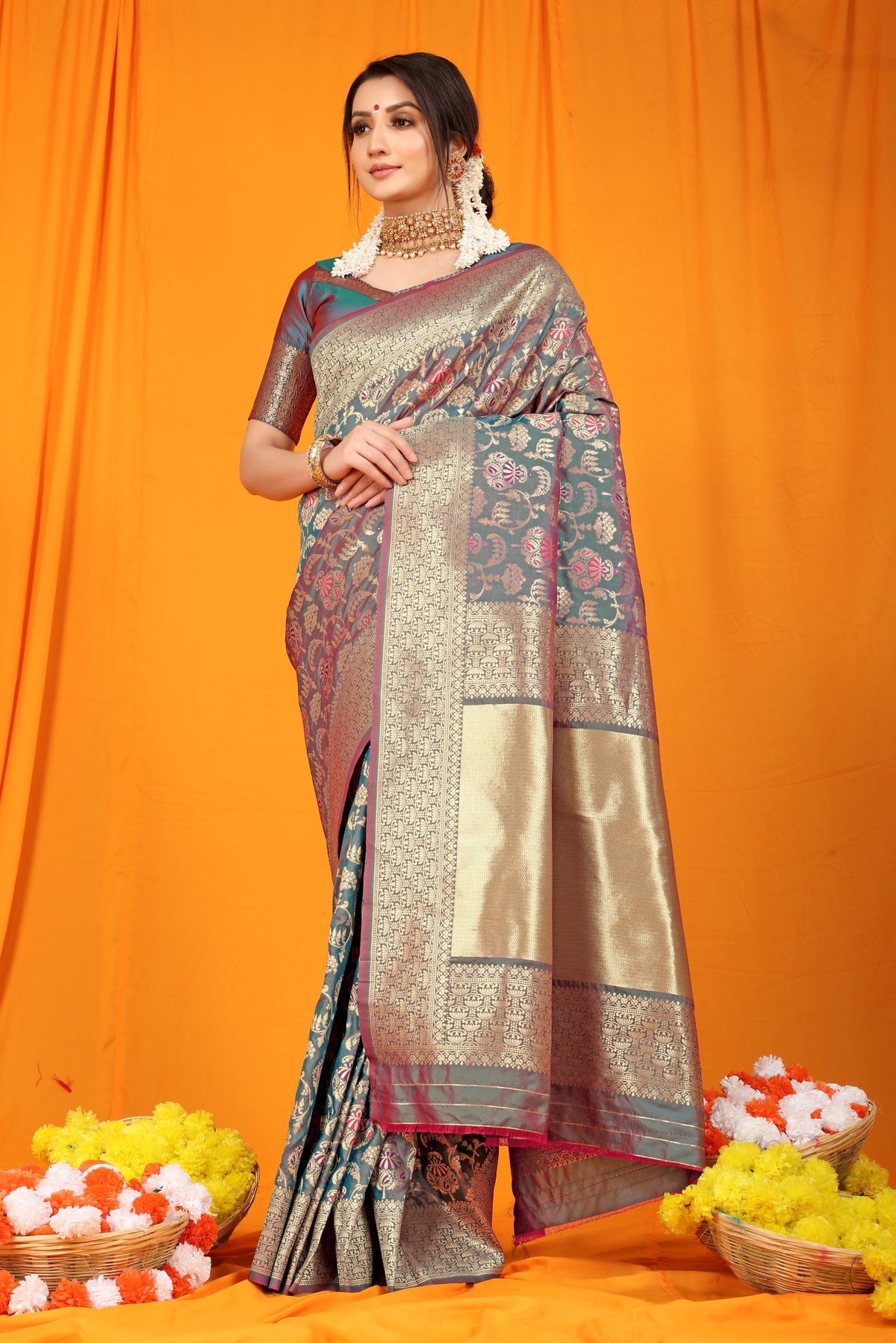 Teal Pure Silk Paithani Saree With Gold Jari Weaving