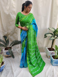 Green And Sky Pure Silk Original Bandhani Saree