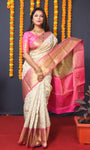 Cream Handloom Silk Kanjivaram Saree With Zari Weaving