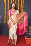 Cream Handloom Silk Kanjivaram Saree With Zari Weaving