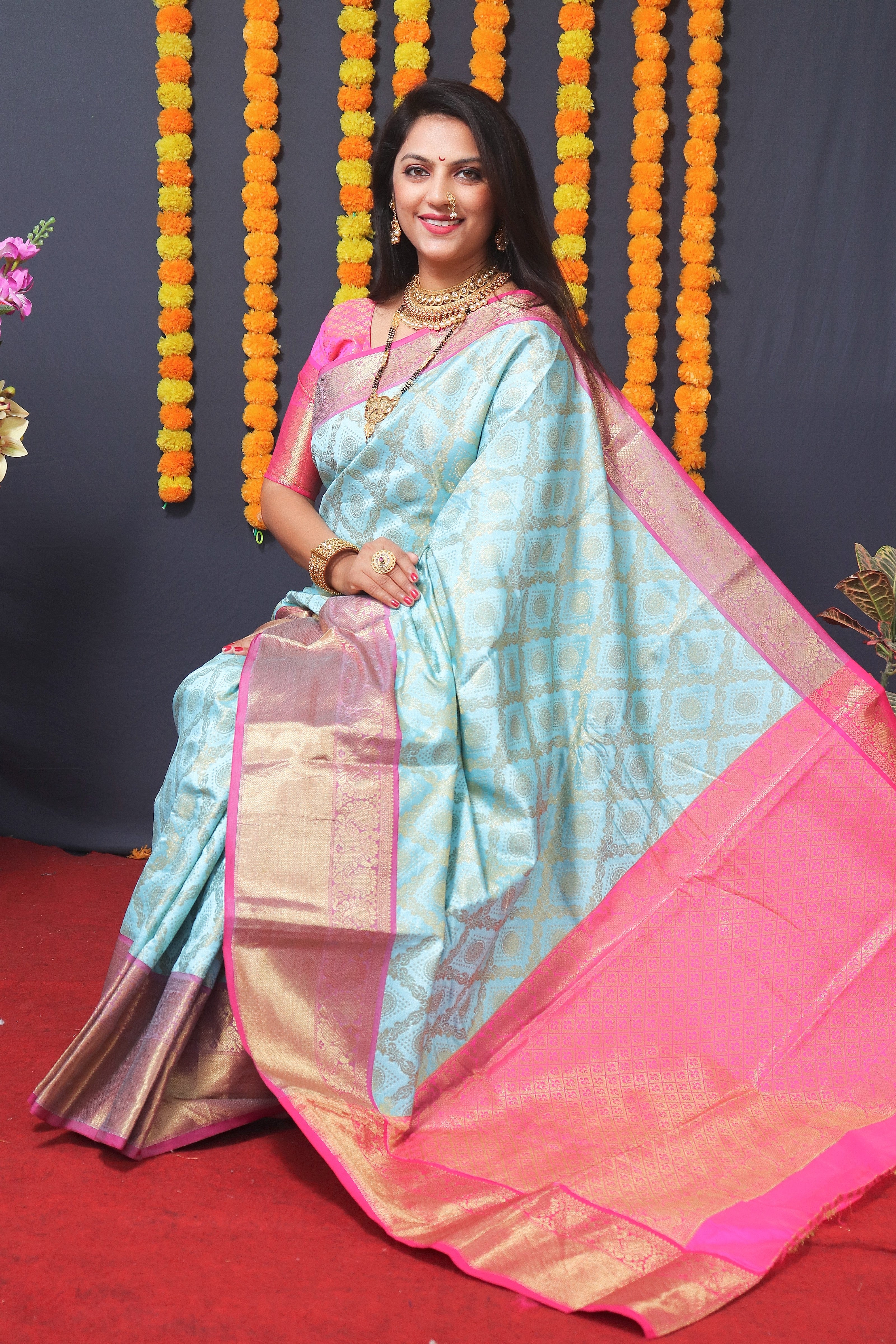 Sky Blue Handloom Silk Kanjivaram Saree With Zari Weaving