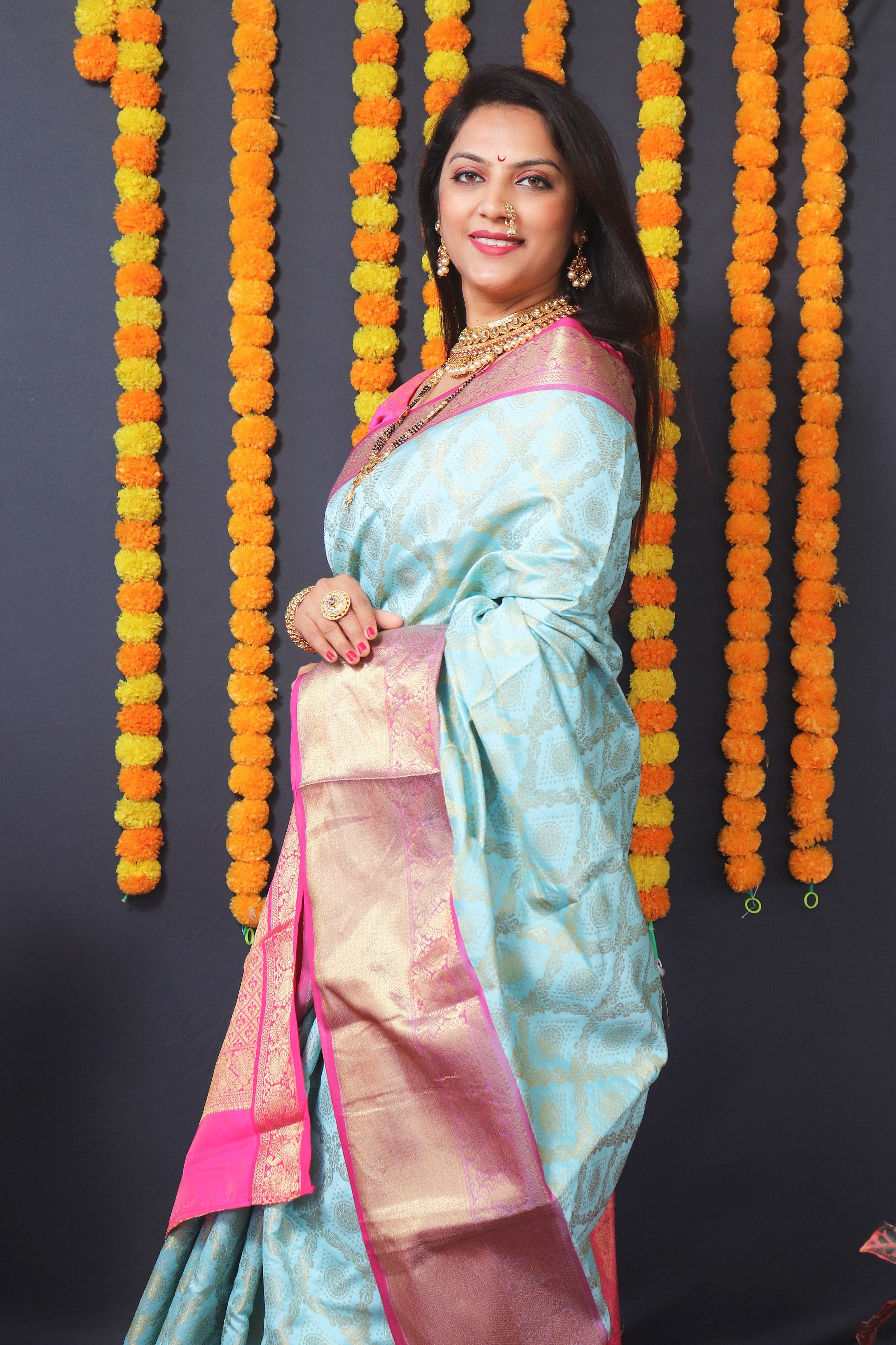 Sky Blue Handloom Silk Kanjivaram Saree With Zari Weaving