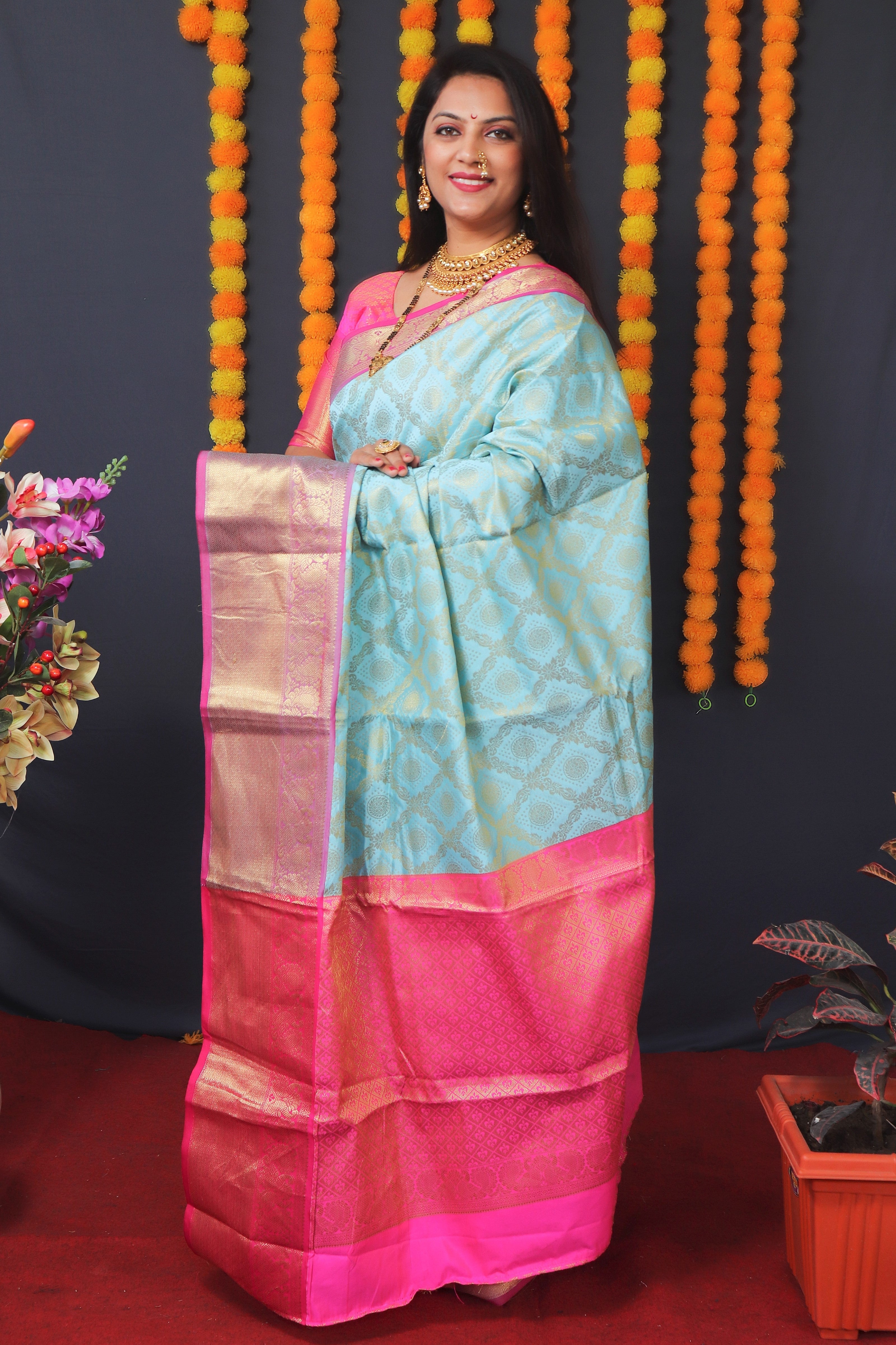 Sky Blue Handloom Silk Kanjivaram Saree With Zari Weaving