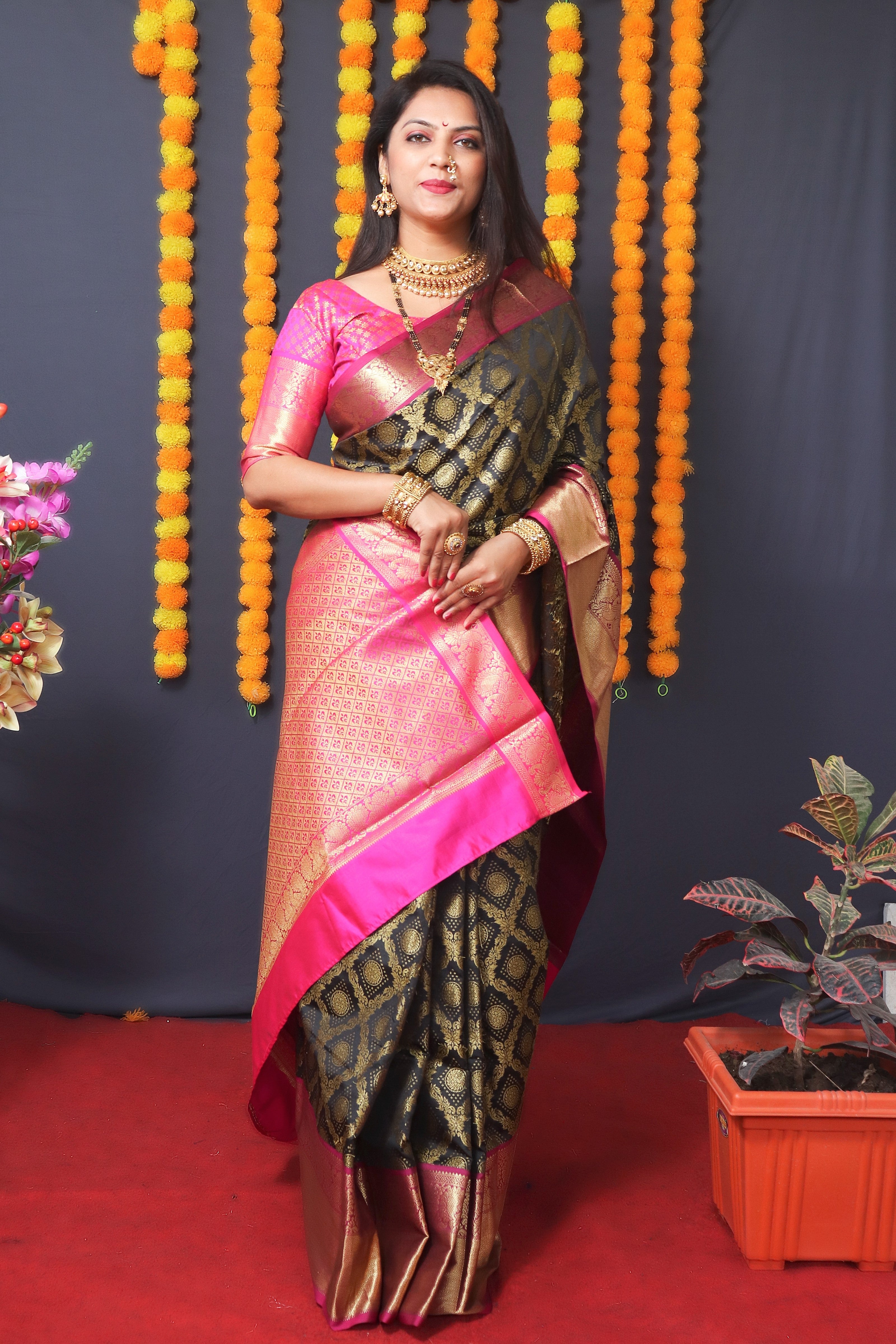 Black Handloom Silk Kanjivaram Saree With Zari Weaving