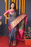 Navy Blue Handloom Silk Kanjivaram Saree With Zari Weaving